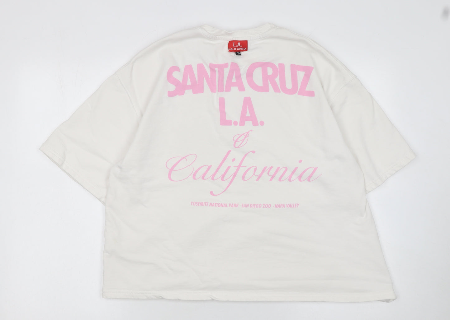 Zara Women White California Print Relaxed Fit Short Sleeve T-Shirt Size M