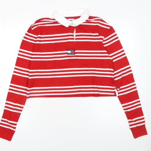 Tommy Jeans Womens Red White Striped Cropped Polo Shirt XS