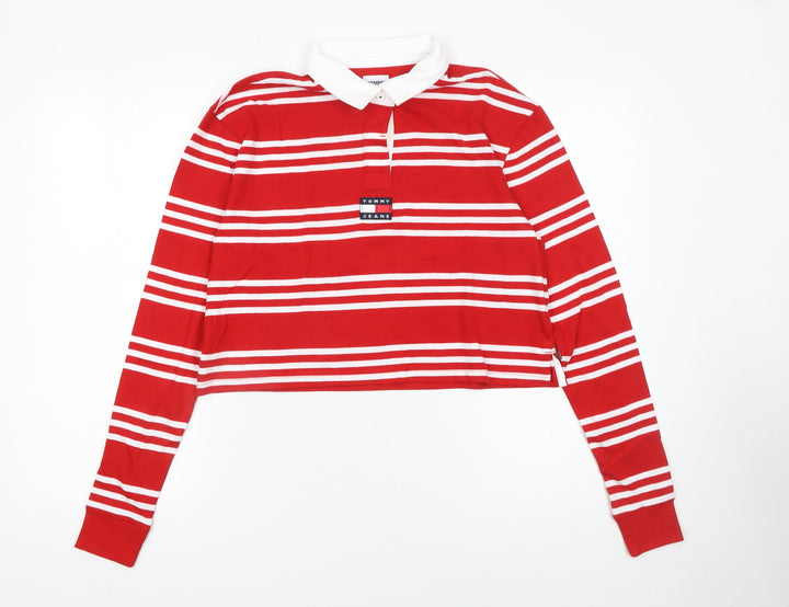 Tommy Jeans Womens Red White Striped Cropped Polo Shirt XS