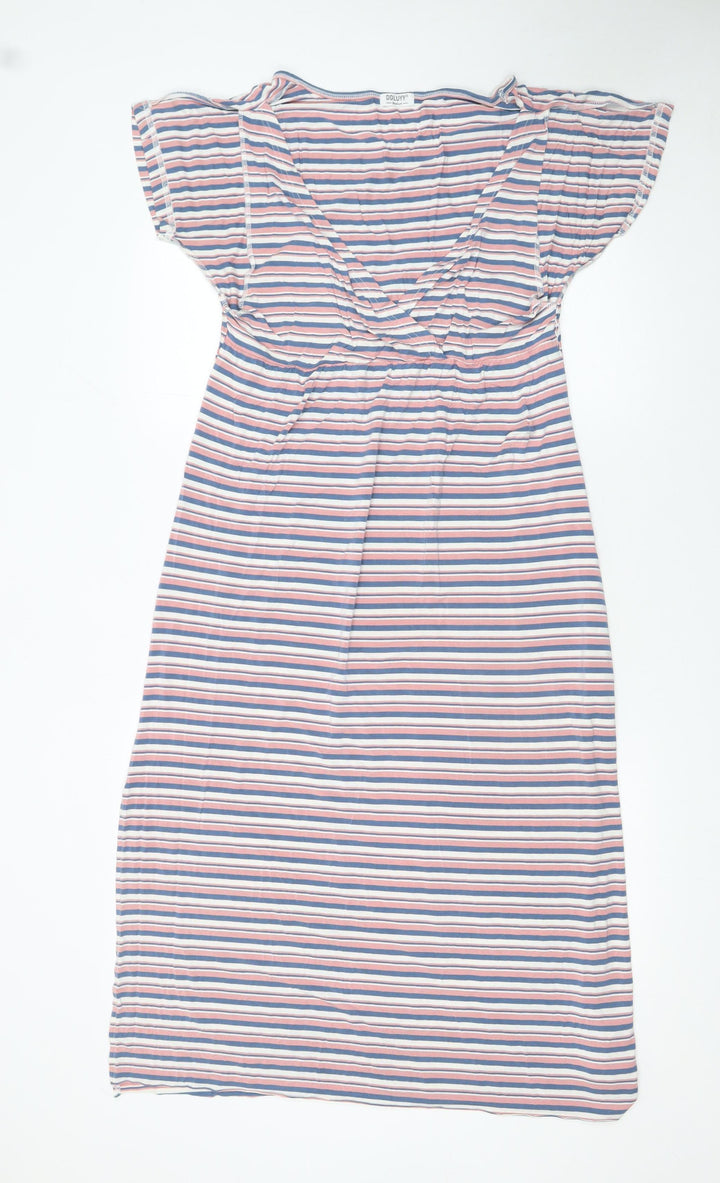 DDL UYY Women Multicoloured M Striped Shift Dress V-Neck Stretch