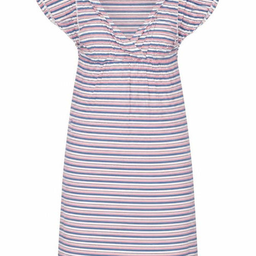DDL UYY Women Multicoloured M Striped Shift Dress V-Neck Stretch