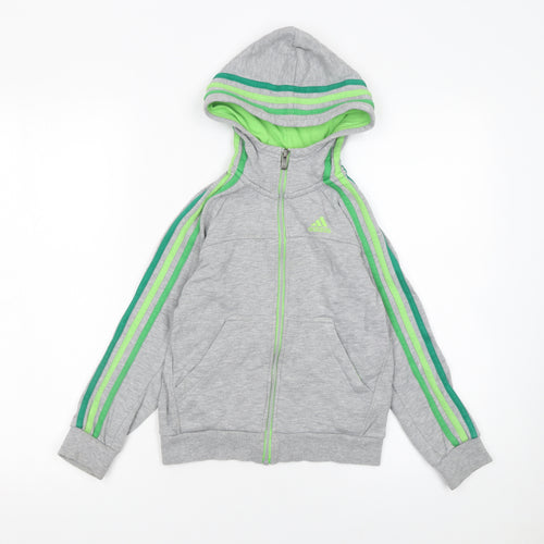 Adidas Boys Grey Full Zip Hoodie 7-8 Years Sports Logo Lightweight Top