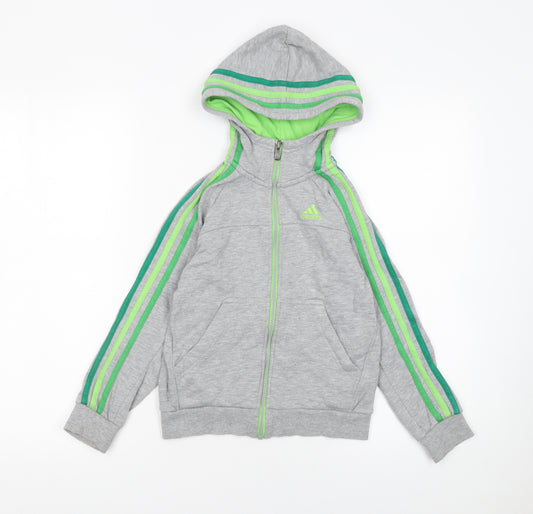 Front view of Adidas boys’ grey full zip hoodie 7-8 years sports logo lightweight top