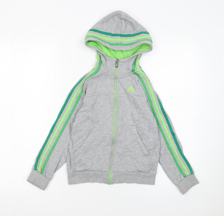 Adidas Boys Grey Full Zip Hoodie 7-8 Years Sports Logo Lightweight Top
