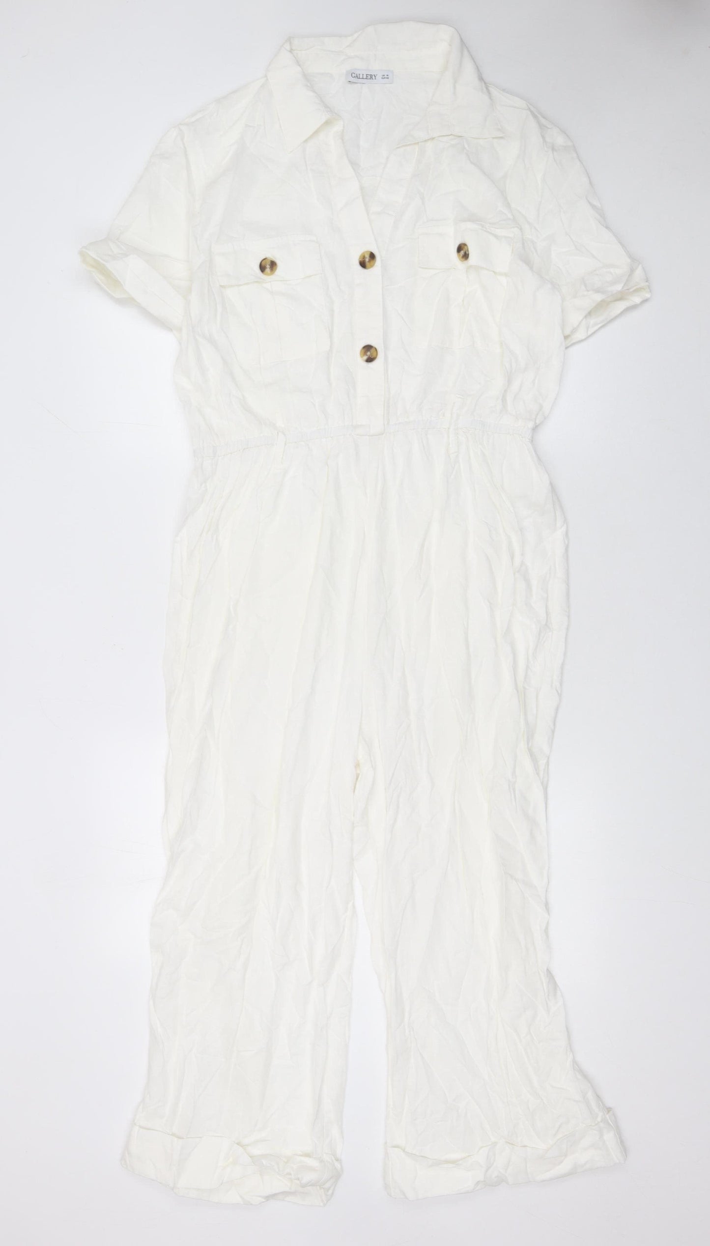 Gallery Women White Linen Blend Short Sleeve Jumpsuit Size 14