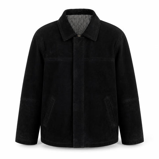 Front view of St Bernard Men's Black Leather Mid-Length Jacket L 41in