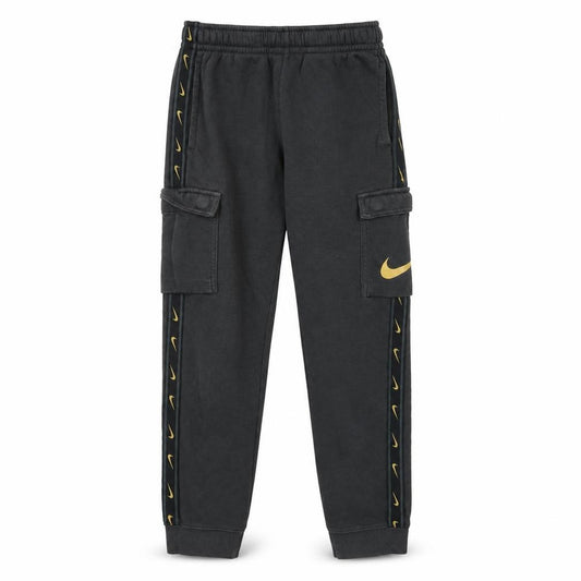 Front view of Nike boys’ black cargo jogger trousers m 137-147cm with gold swoosh