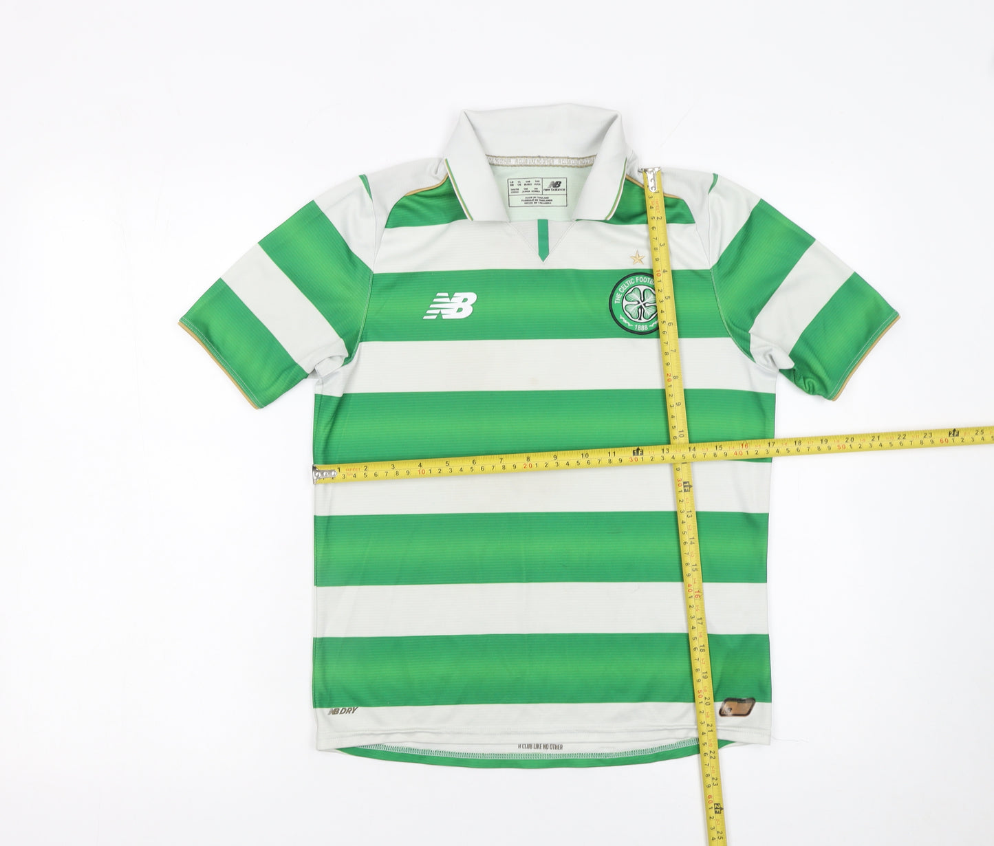 New Balance Boys Green Striped Collared Football Jersey Size 146