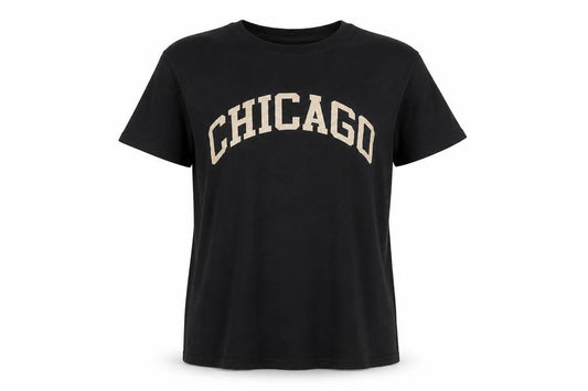 Front view of PRETTYLITTLETHING Women Black Chicago Graphic Cotton T-Shirt, size S