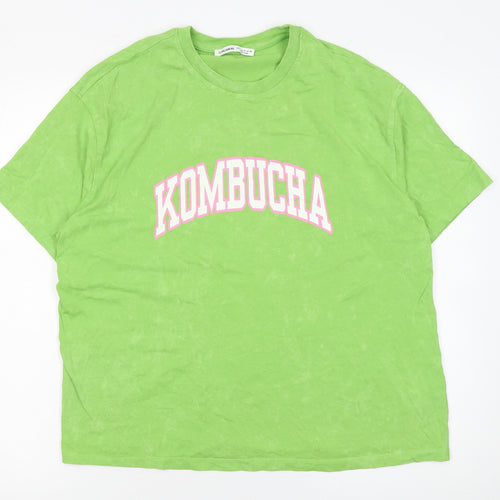 Pull&Bear Women's Green Kombucha Print T-Shirt Size S Casual