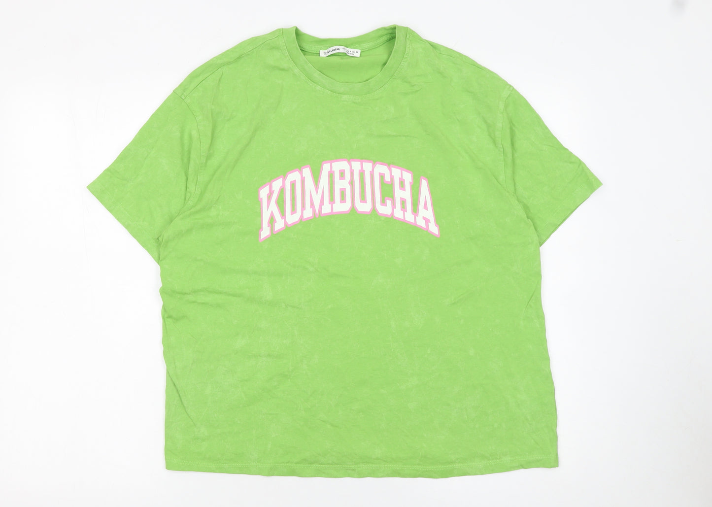 Pull&Bear Women's Green Kombucha Print T-Shirt Size S Casual