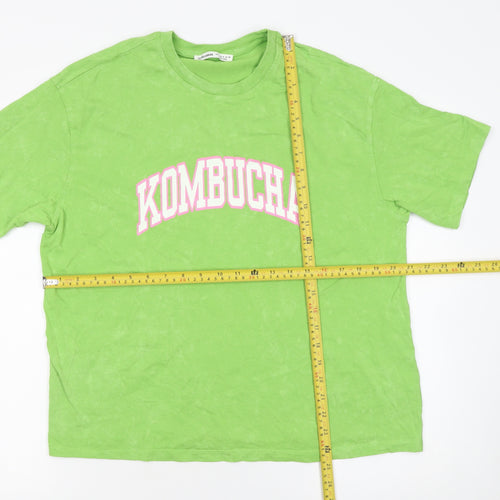 Pull&Bear Women's Green Kombucha Print T-Shirt Size S Casual