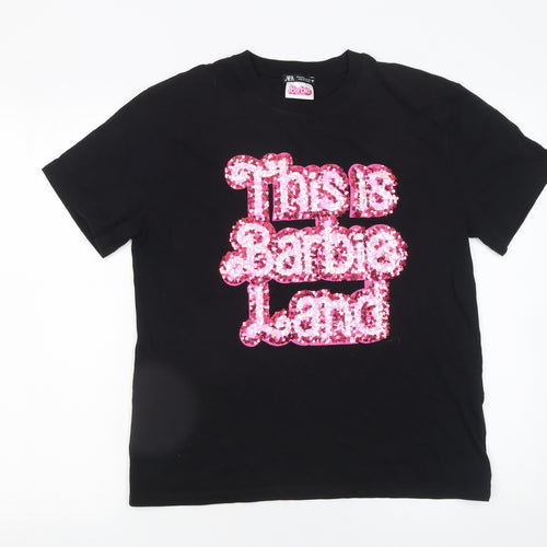 ZARA Women Black Barbie Sequin T-Shirt Size 12 Short Sleeve Cotton