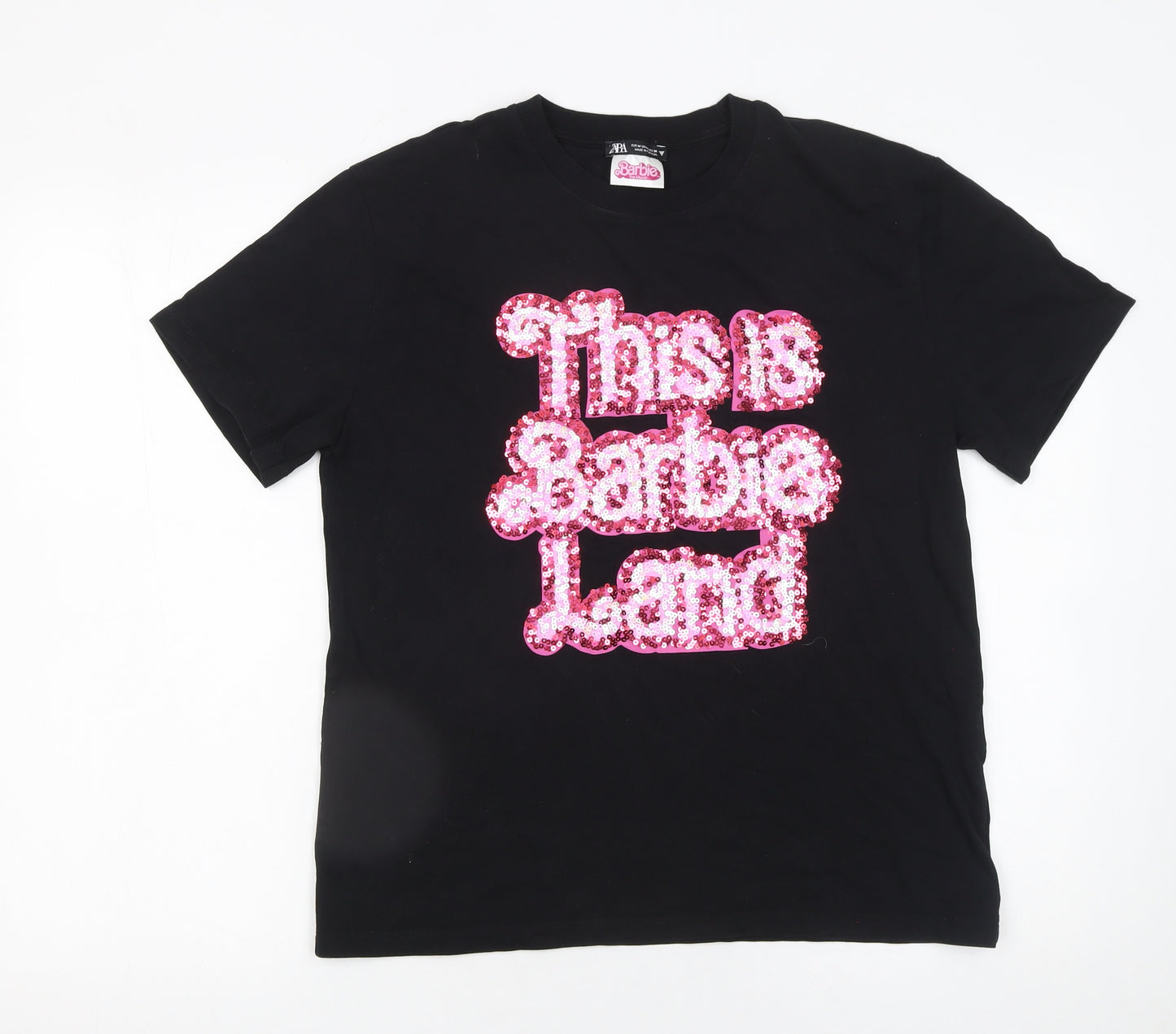 ZARA Women Black Barbie Sequin T-Shirt Size 12 Short Sleeve Cotton