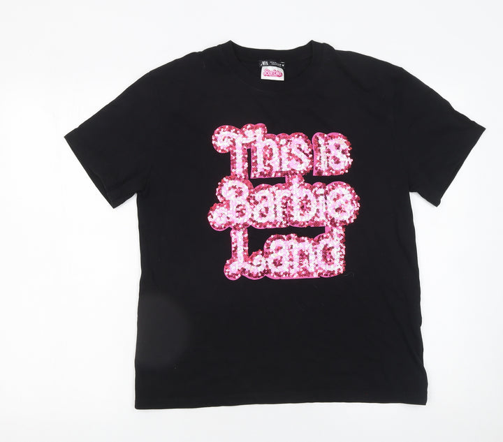 ZARA Women Black Barbie Sequin T-Shirt Size 12 Short Sleeve Cotton