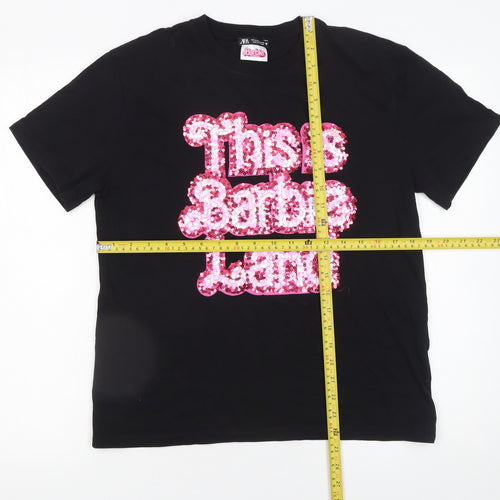 ZARA Women Black Barbie Sequin T-Shirt Size 12 Short Sleeve Cotton