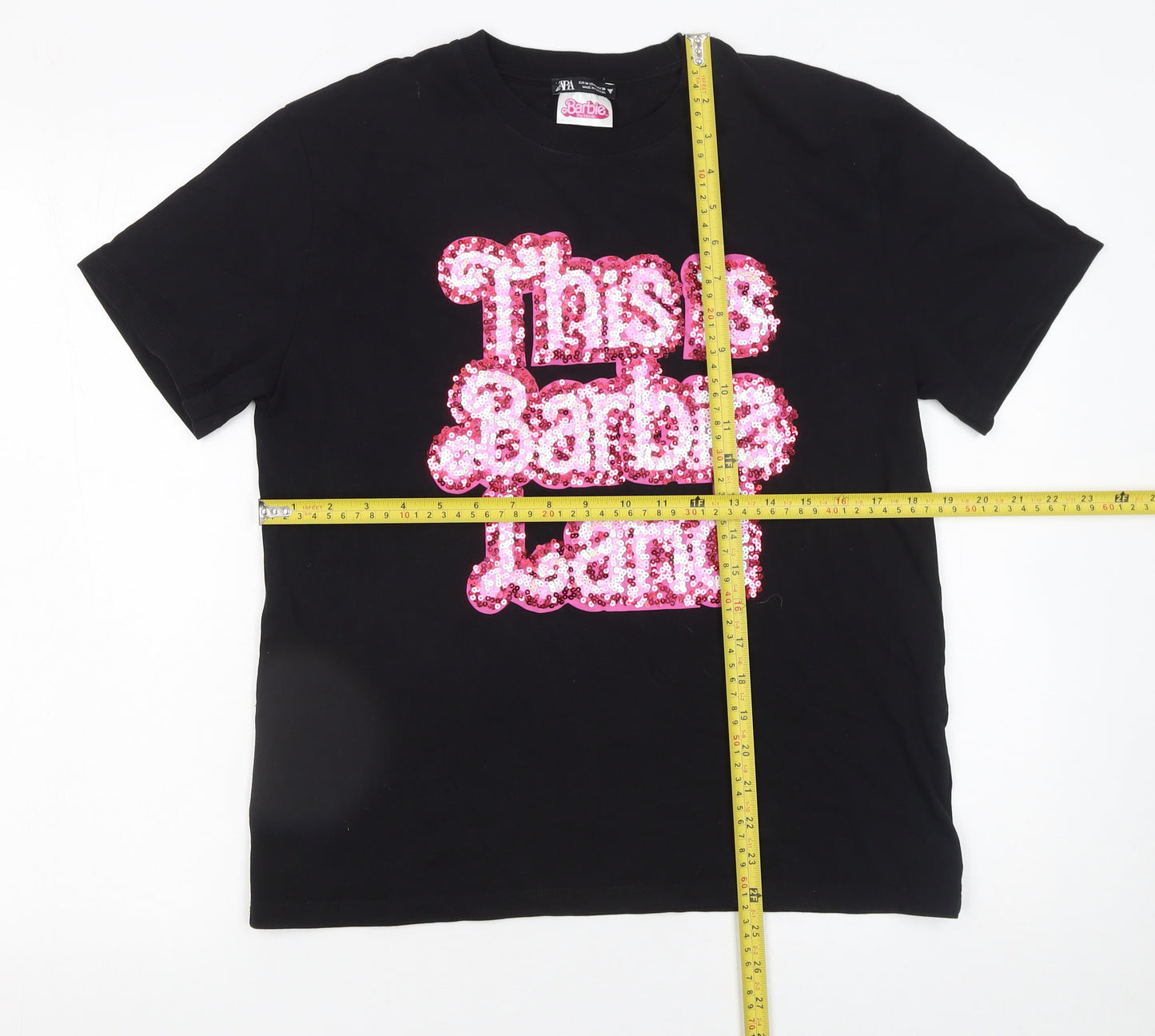 ZARA Women Black Barbie Sequin T-Shirt Size 12 Short Sleeve Cotton