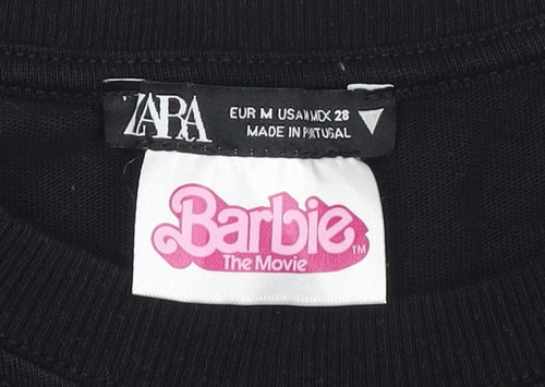 ZARA Women Black Barbie Sequin T-Shirt Size 12 Short Sleeve Cotton