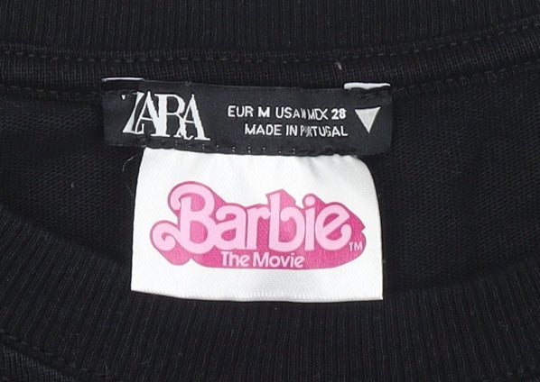 ZARA Women Black Barbie Sequin T-Shirt Size 12 Short Sleeve Cotton