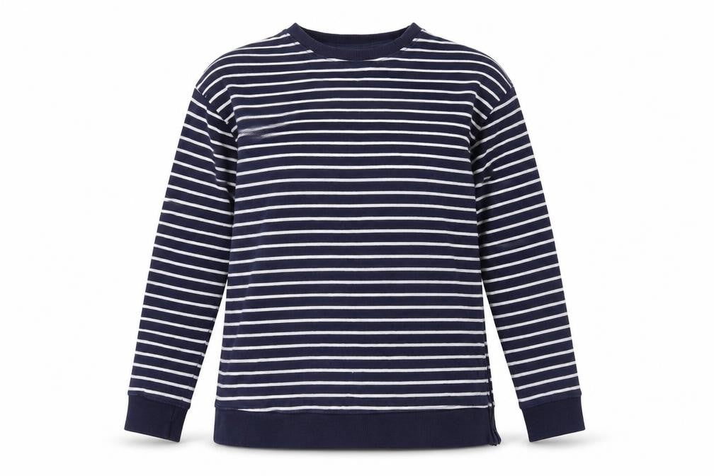 Front view of JoJo Maman Bébé Women Navy White Striped Cotton Pullover Sweatshirt S