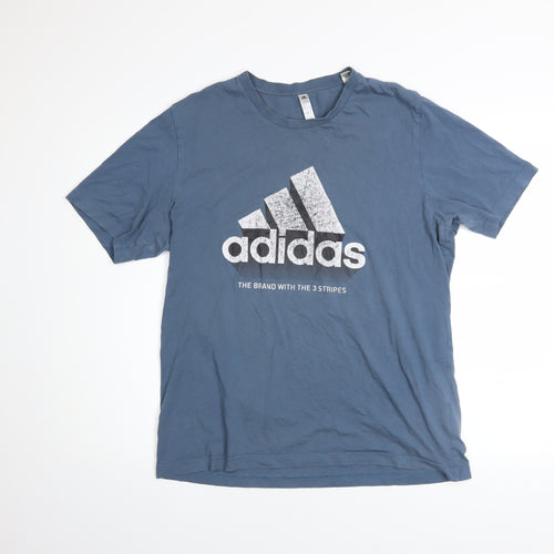 Adidas Mens Blue Crew Neck Graphic Print Cotton T-Shirt Size M