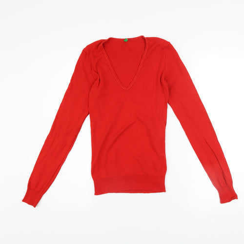 United Colors of Benetton Womens Red V-Neck Cotton Long Sleeve Top XS
