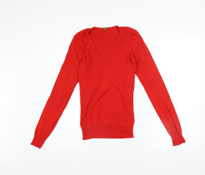 United Colors of Benetton Womens Red V-Neck Cotton Long Sleeve Top XS