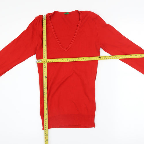 United Colors of Benetton Womens Red V-Neck Cotton Long Sleeve Top XS