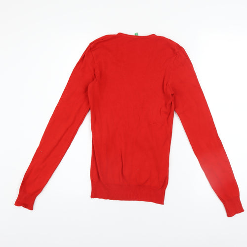 United Colors of Benetton Womens Red V-Neck Cotton Long Sleeve Top XS