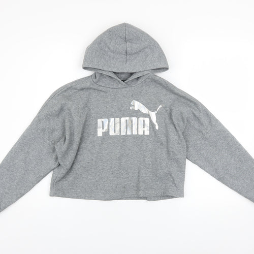 Puma Girls Grey Logo Pullover Hoodie 14-15 Years Fleece Sweatshirt