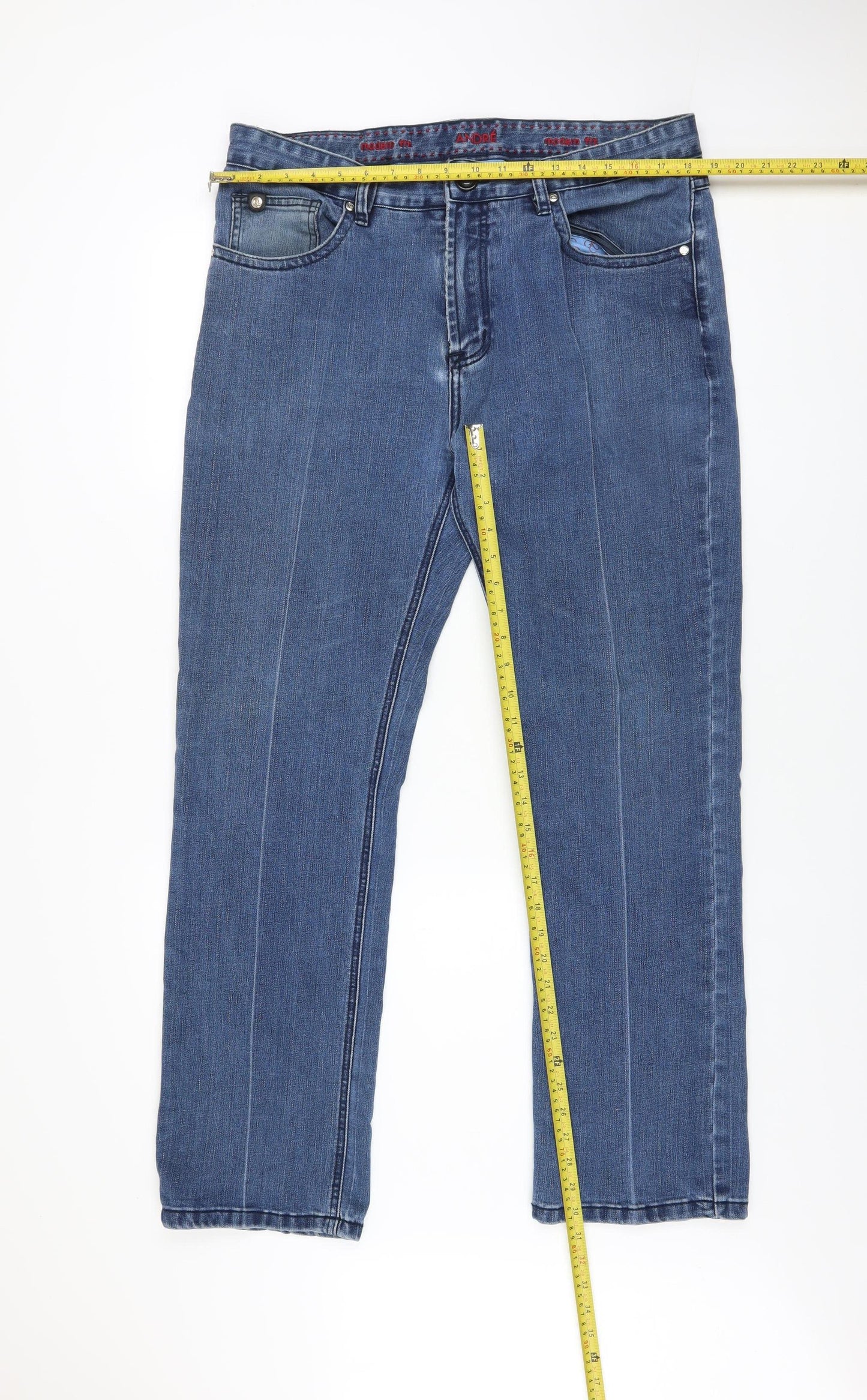 André Men’s Blue Straight Jeans 38/32 Stretch Cotton Denim