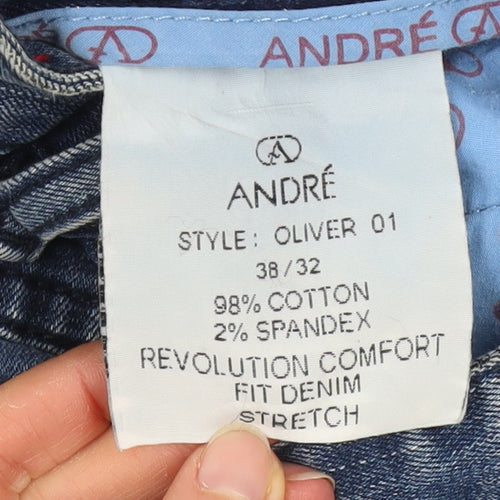 André Men’s Blue Straight Jeans 38/32 Stretch Cotton Denim