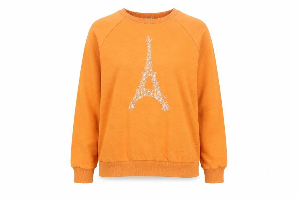 Front view of Next Women’s Orange Paris Eiffel Print Pullover Sweatshirt M