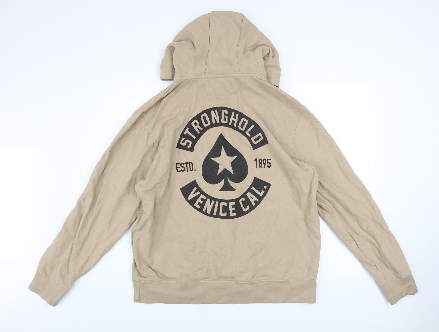 The Stronghold Men's Beige Hoodie L Pullover Graphic Print Cotton