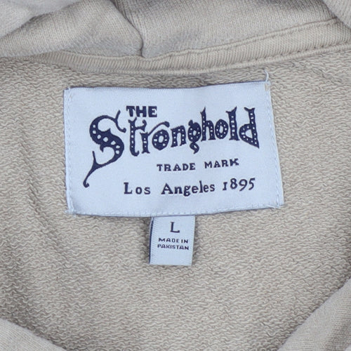 The Stronghold Men's Beige Hoodie L Pullover Graphic Print Cotton