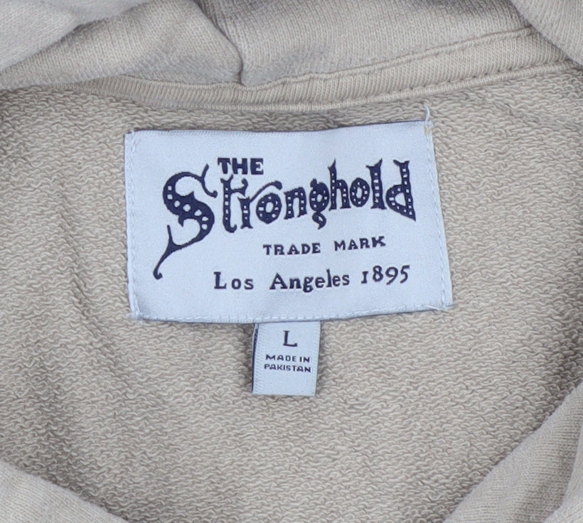 The Stronghold Men's Beige Hoodie L Pullover Graphic Print Cotton