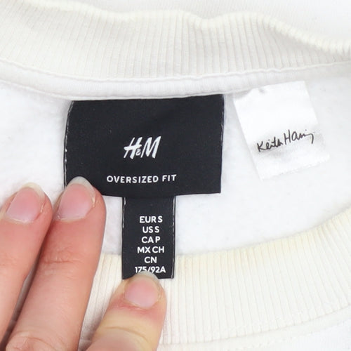 H&M Men’s White Keith Haring Pullover Sweatshirt Size S Oversized Fit