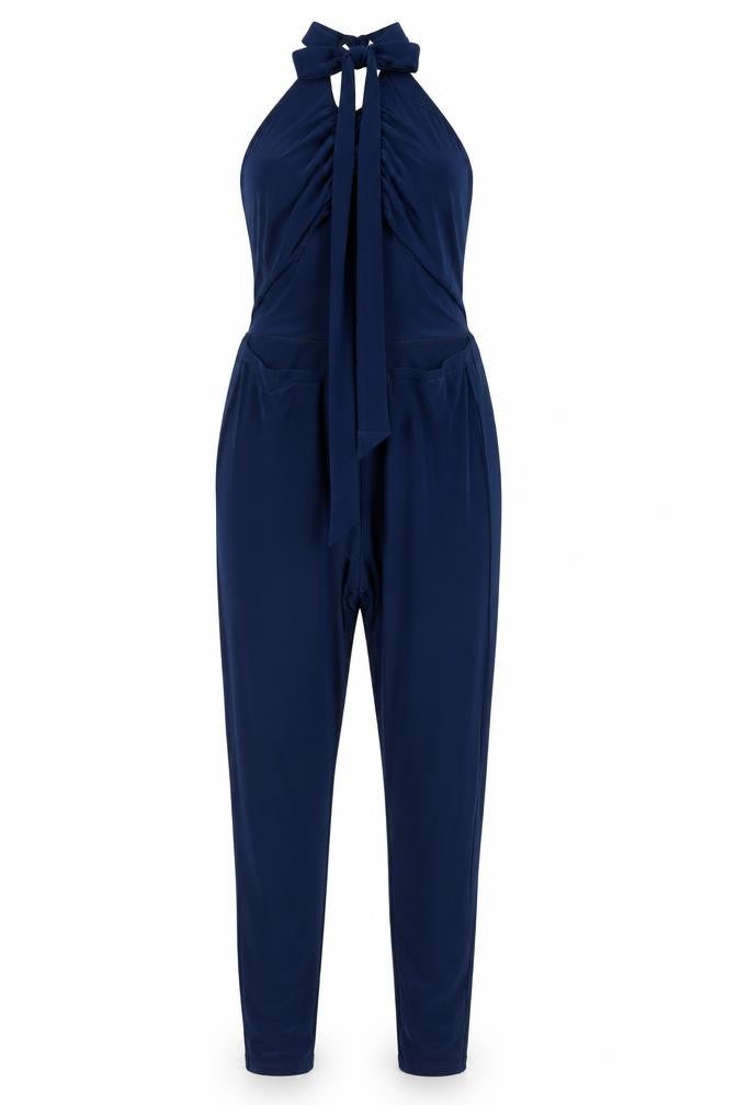 Front view of PRETTYLITTLETHING Women Navy Blue, size 10, Strappy Jumpsuit Polyester Blend