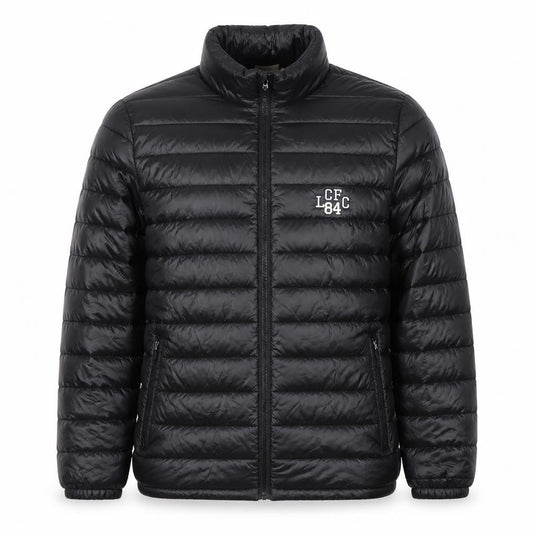 Front view of Leicester City FC Men's Black Puffer Jacket, size L, Nylon Polyester