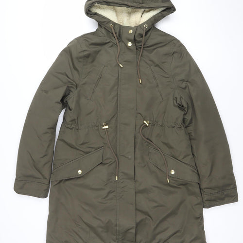 H&M Women's Green Hooded Parka Jacket XS Long Lined Drawstring