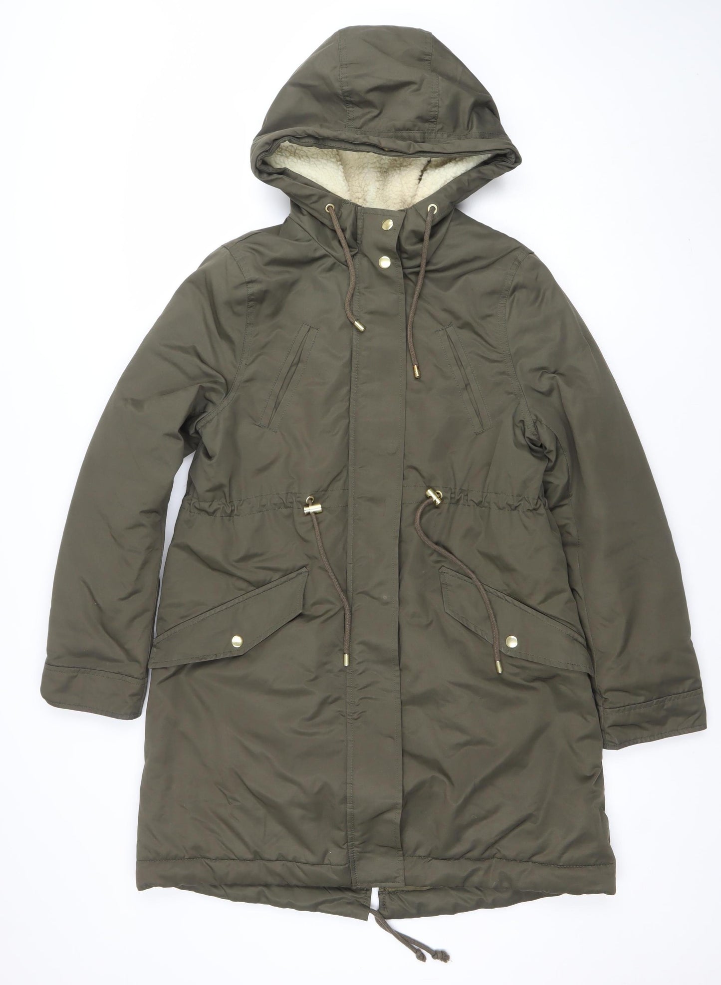 H&M Women's Green Hooded Parka Jacket XS Long Lined Drawstring