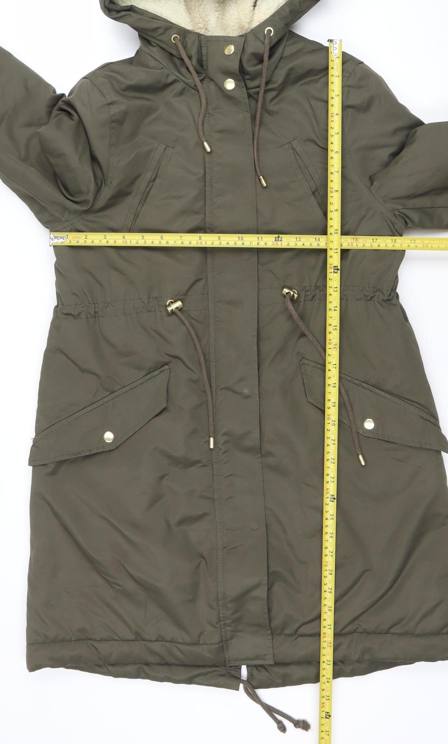 H&M Women's Green Hooded Parka Jacket XS Long Lined Drawstring