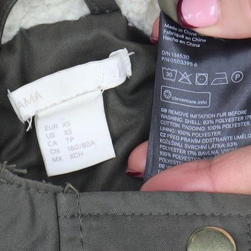 H&M Women's Green Hooded Parka Jacket XS Long Lined Drawstring