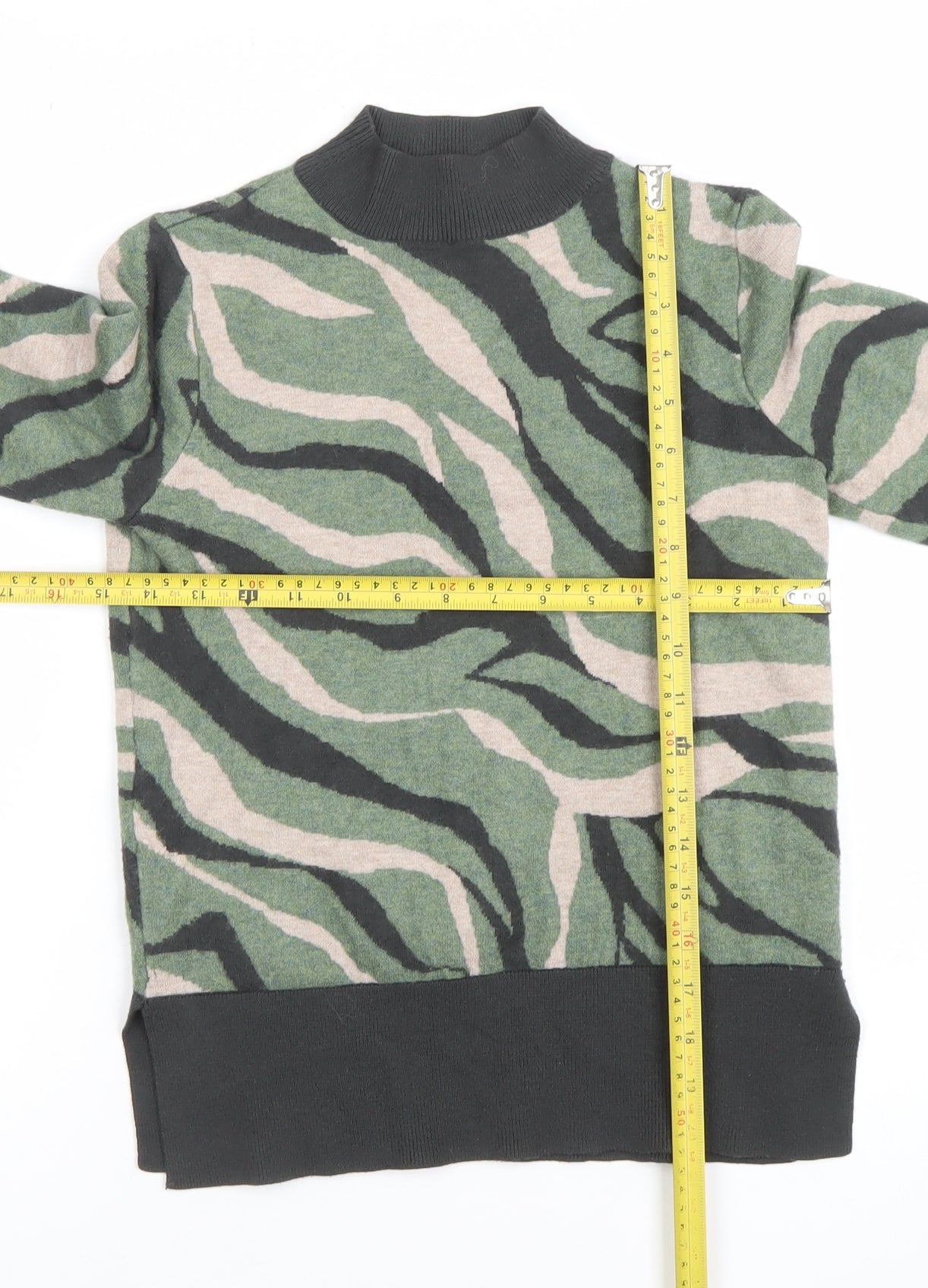 Marks and Spencer Women's Green Animal Print Mock Neck Jumper Size S