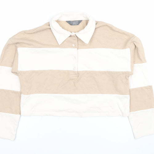 Primark Women’s Beige & White Striped Polo Long Sleeve Top Size S 10/12