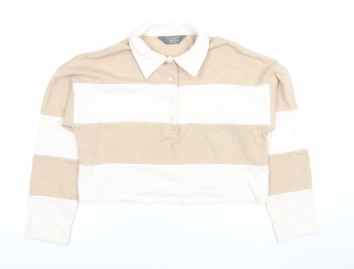 Primark Women’s Beige & White Striped Polo Long Sleeve Top Size S 10/12