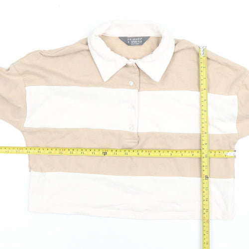 Primark Women’s Beige & White Striped Polo Long Sleeve Top Size S 10/12