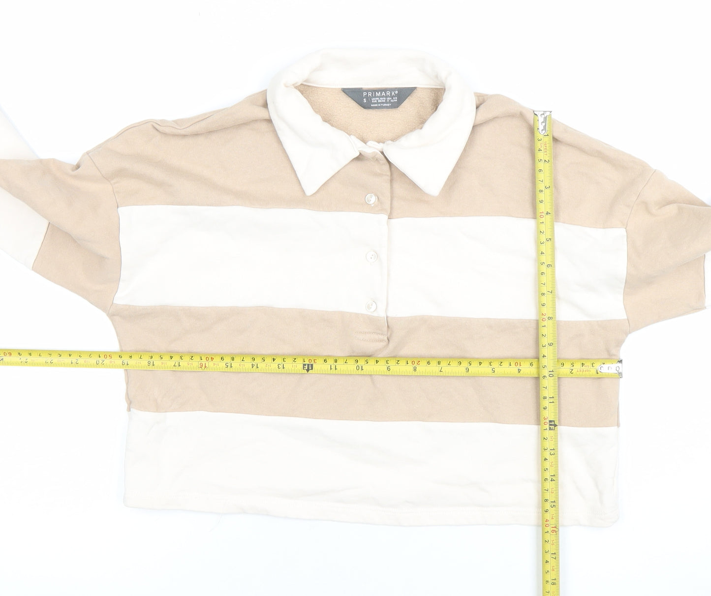 Primark Women’s Beige & White Striped Polo Long Sleeve Top Size S 10/12