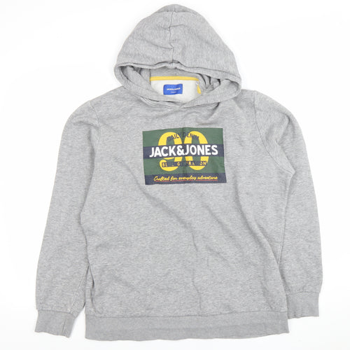 Jack & Jones Men's Grey Pullover Hoodie L Graphic Print Casual