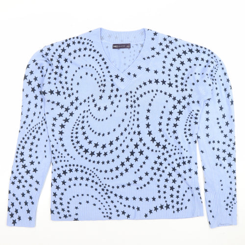 Marks and Spencer Womens Blue Star Print V-Neck Acrylic Jumper Size 12